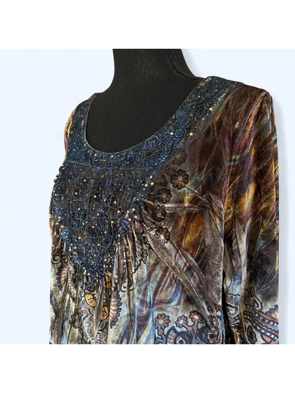 Vintage boho fairy velvet paisley rhinestone tunic top Size Medium 💗 - Image 5