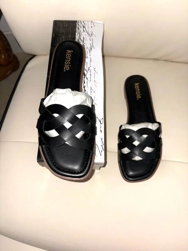 Kensie brand flat sandals feature a black braided design and a square toe. - Image 2