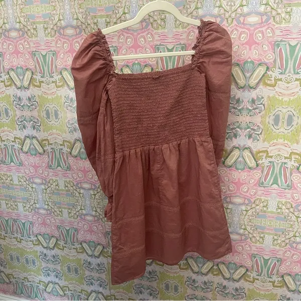 Reformation Dunes Smocked Long Sleeve Mini Dress Praline Pink Rose‎ - Image 6