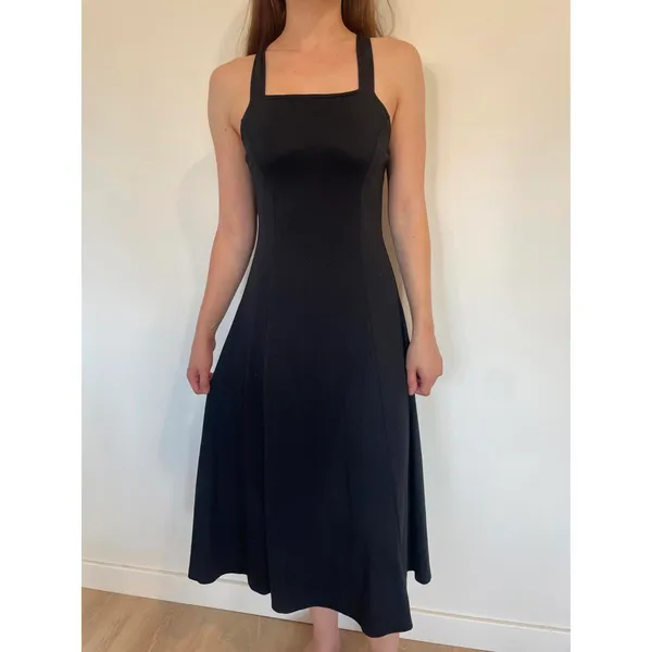 Black Midi Cross Back Square Neck Fit and Flare Dress - Image 6
