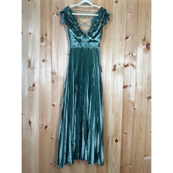 NWT Lulus Exceptional Drama Sage Green Satin Lace-Up Pleated Maxi Dress Bride L - Image 2