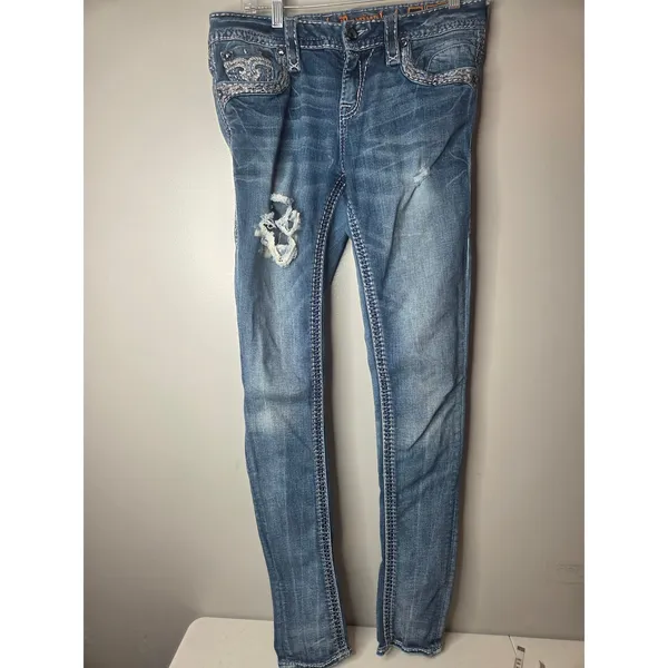 Rock Revival Yui Mid Rise Skinny Women’s 28 Distressed Medium Wash Denim Jeans - Image 2