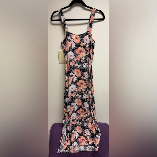 SO Floral Tie-Front Midi Dress Small Black Peach Floral Grunge Fairycore Boho - Image 6
