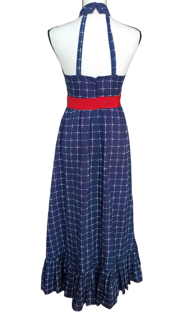 Vintage 70s House Of Bianchi Navy Blue Dot Check Maxi Dress Full Skirt Ruffle S - Image 2