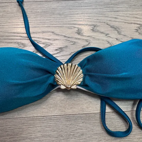 Teal Blue Shell Charm Bikini Set Gold Hardware Side‎ Tie Swimsuit Womens Small - Image 4