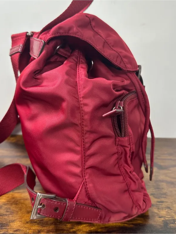 Prada Vela Sport Backpack Bag Medium Cerise Nylon Leather Italy Logo Triangle - Image 10