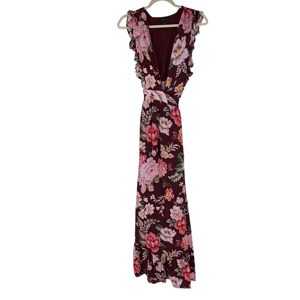 Majorelle Floral Maxi Dress Small Burgundy Plunge V Neck Ruffle Revolve Boho‎ - Image 2