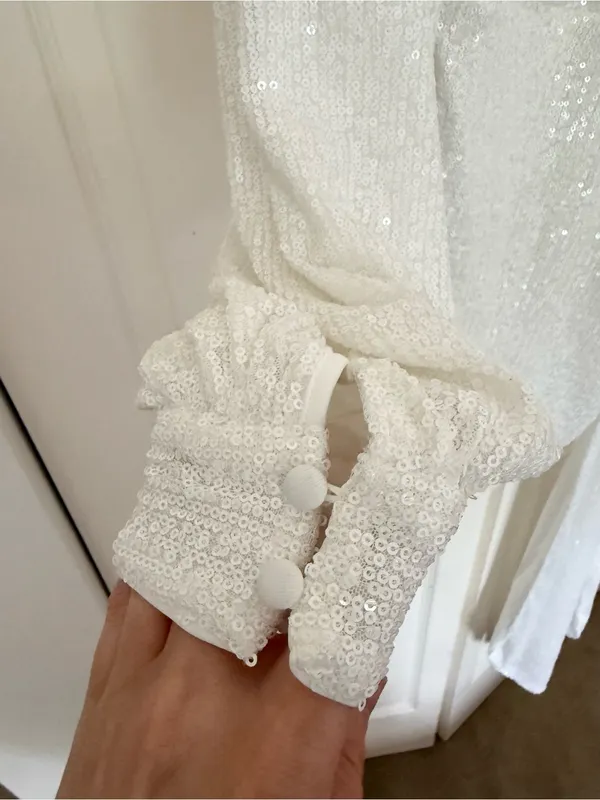 NWT Showpo Claudilyn Drape Long Sleeve Faux Wrap Mini Dress White Sequins US 6 - Image 7