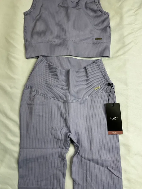 Lilias Active Ribbed Knit Set Lilac Longline Sports Bra and Bike Shorts Small - Image 2