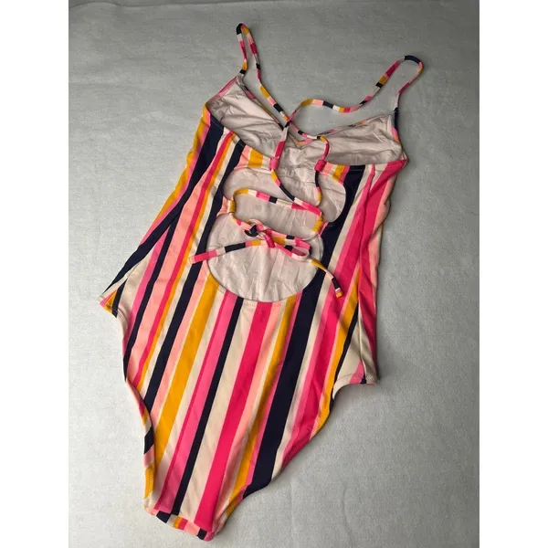 Aerie‎ Women Striped One Piece Swimsuit Multi Color V-Neck Strappy Back Medium - Image 4