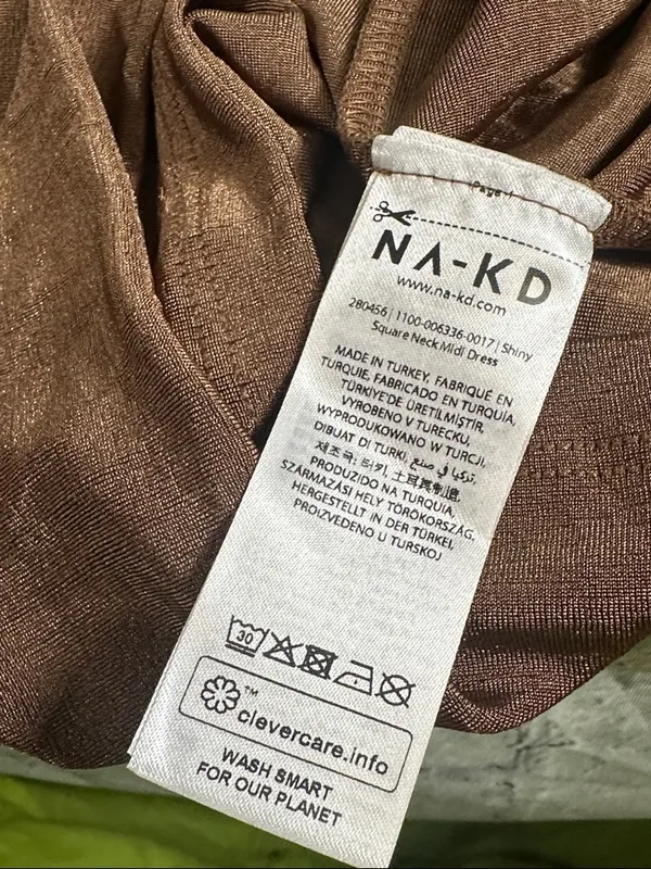 NA-KD Brown Shiny Sheen Square Neck Midi slip tank Dress women’s size Large NEW - Image 11