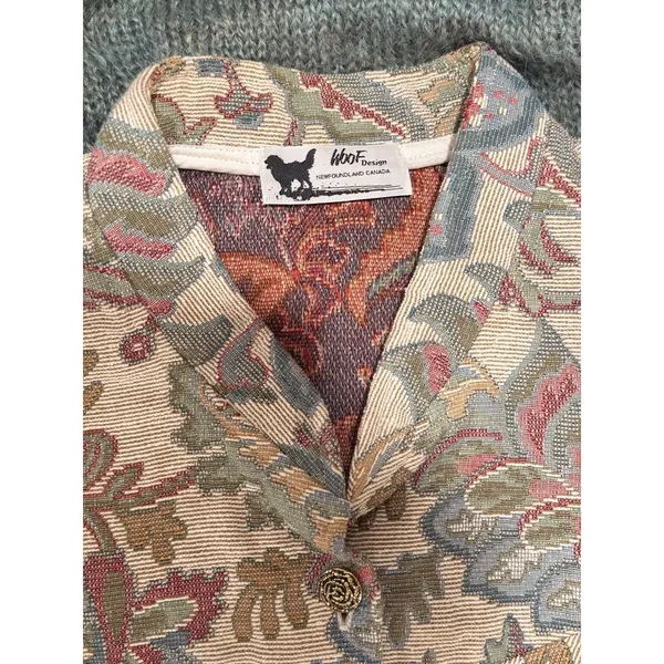 VINTAGE Woof Womens Cardigan Green Floral Folk Tapestry Wool Sweater 90s Large - Image 3