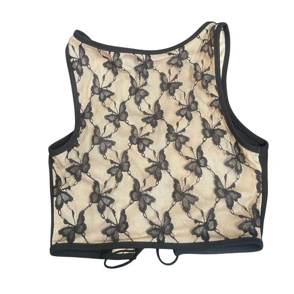 Black Butterfly Lace Up Crop Top Tan Lined Gothic Tank - Image 3