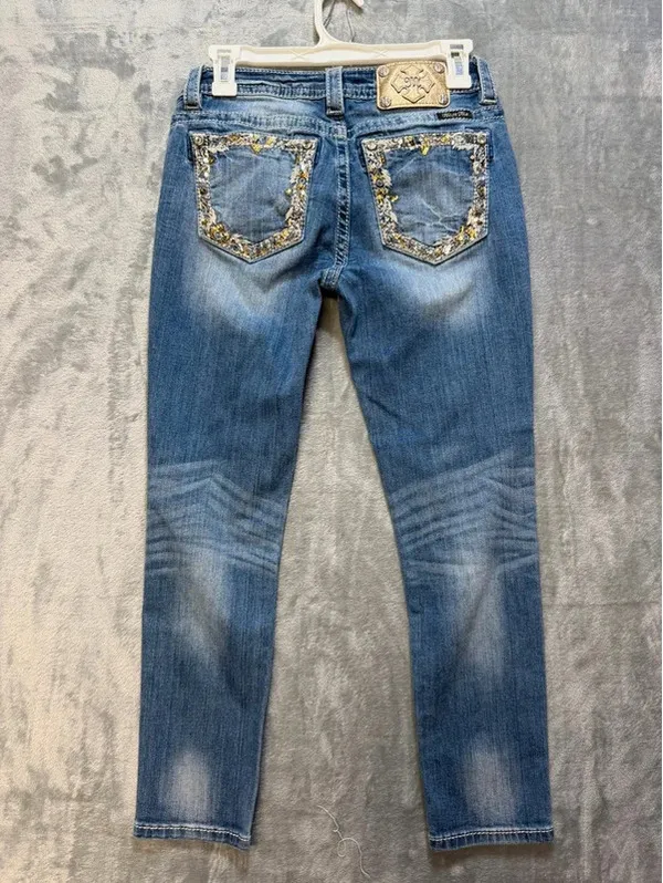 Miss Me Womens Ankle Skinny Jeans Blue Sequins Rhinestones Size 27 JP8715AK - Image 2