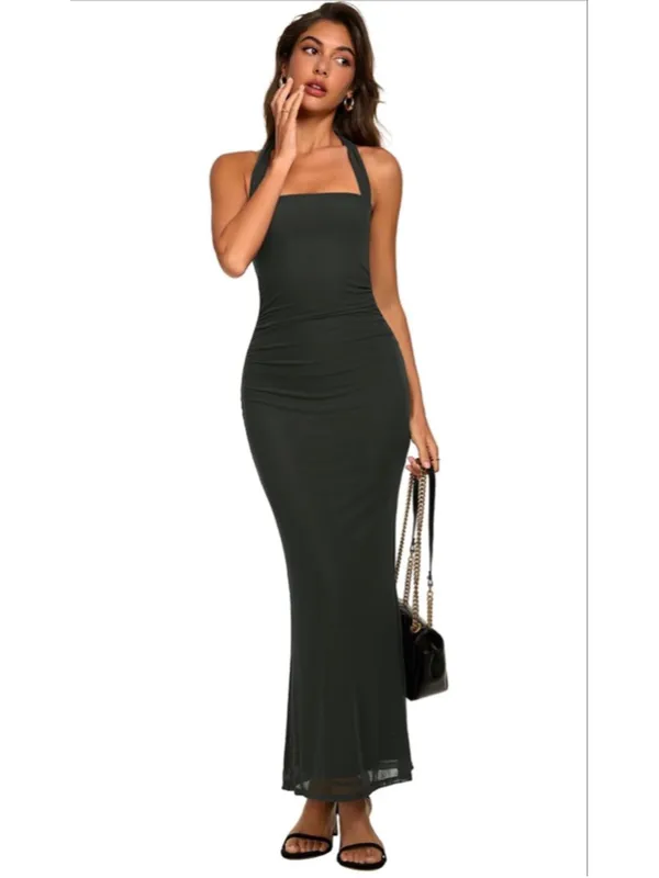 NEW Mesh Ruched Sheer Sleeveless Wedding Guest Bodycon Maxi Dress M - Image 6