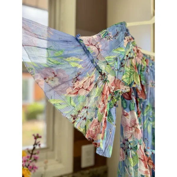Zimmermann Winsome Sky Sunbleach Floral 100% Silk Ruffle Mini Dress Size 2 - Image 9