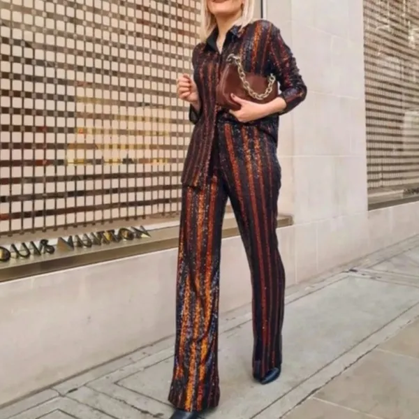 Zara | Sparkle Sequins Flare Wide Leg Pants Striped‎ Black Red - 3440/251/800 - Image 2
