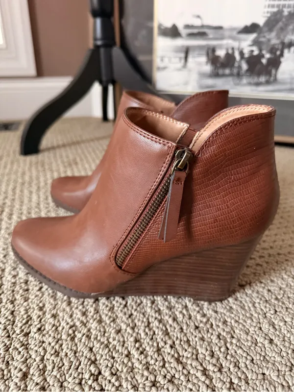 new directions Cognac Brown Vegan Leather Ankle Wedge Booties with Side Zip - Image 3