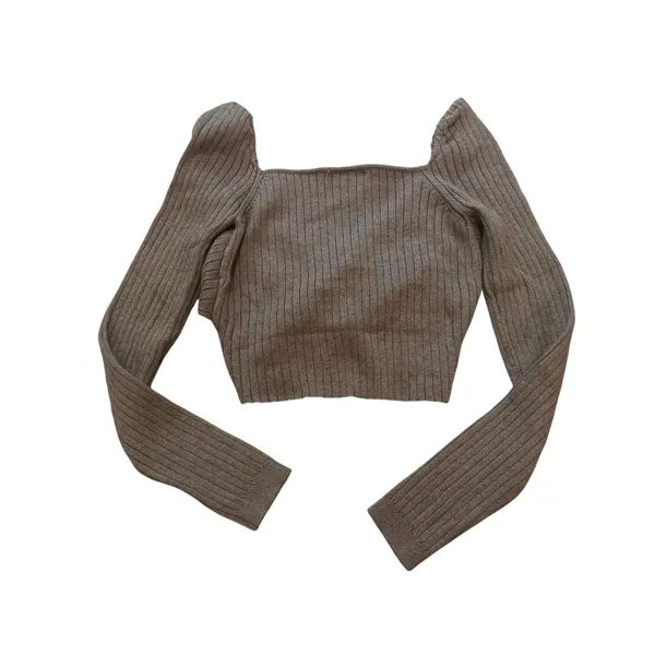 Prómesa Women’s Criss Cross Ribbed Cropped Sweater Brown Size Medium Long Sleeve - Image 2