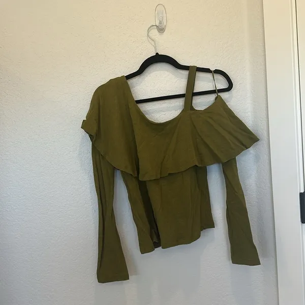 Anthropologie Postmark Olive‎ Green One Shoulder Ruffle Long Sleeve Top Shirt Sm - Image 5