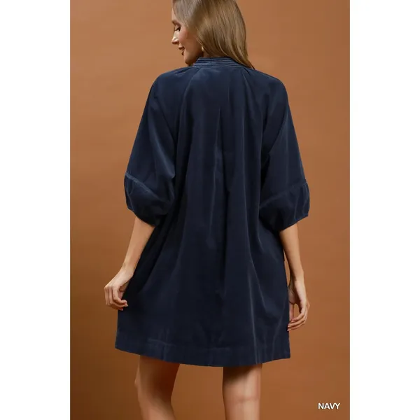 Umgee Corduroy V-Neck Puff Sleeve Shift Dress with Pockets - Navy - Medium - Image 3