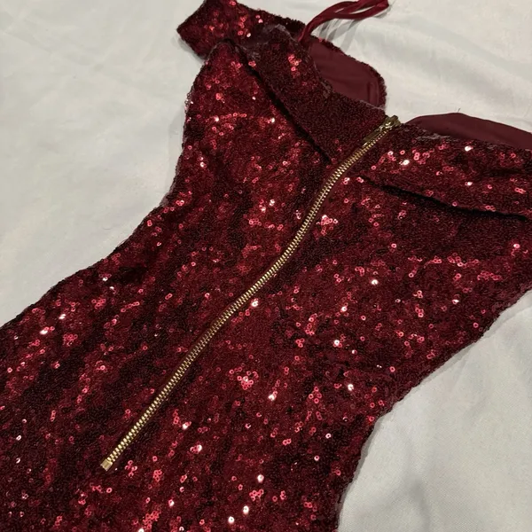 B. SMART Burgundy Sequin Prom Jumpsuit Off-The-Shoulder Sweetheart Gala Size 3/4 - Image 8