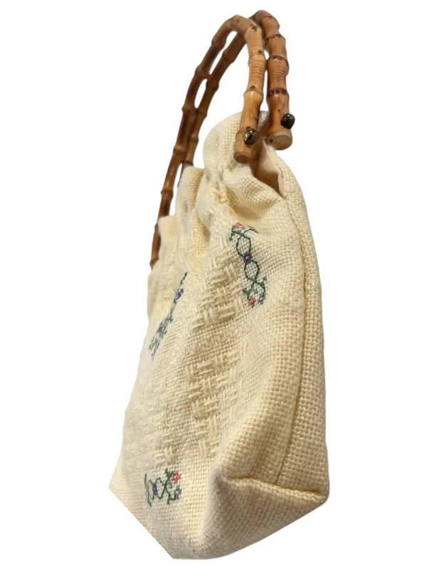 Vintage Monogram “S” Embroidered Cross Stitch Bamboo Handle Cottagecore Bag - Image 3