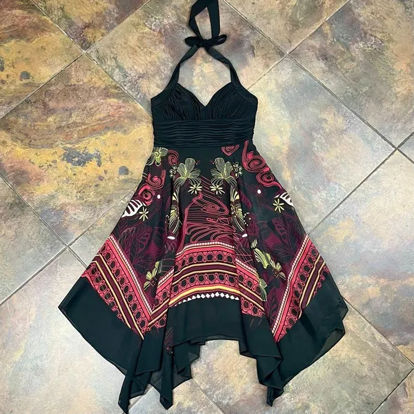 Sangria Ruched Bodice Asymmetrical Handkerchief Hem Halter Dress 4 - Image 5