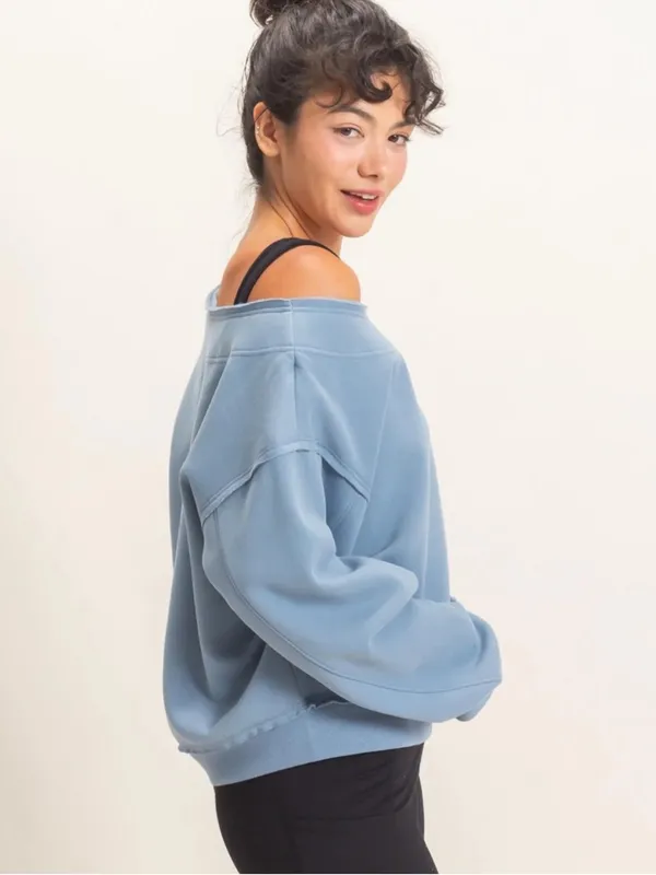 NEW Double Zero Dusty Blue Raw Edge Off Shoulder Sweatshirt – Medium - Image 4