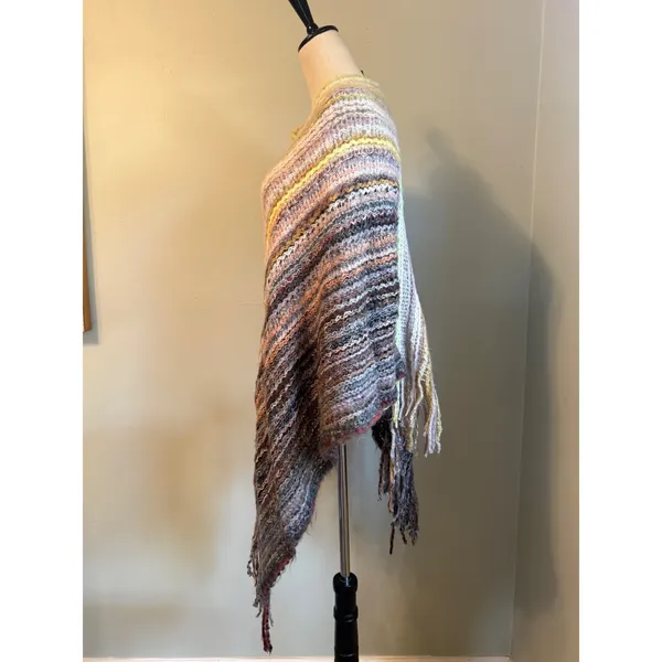 Multi Color Striped Knit Poncho Fringe One Size boho cozy fringe colorful retro - Image 4