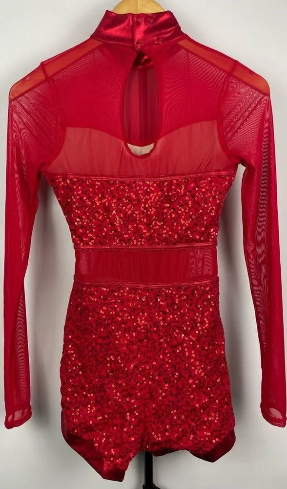 Balera Red Dancewear Sequin and Mesh Long Sleeve Biketard Romper - Image 8