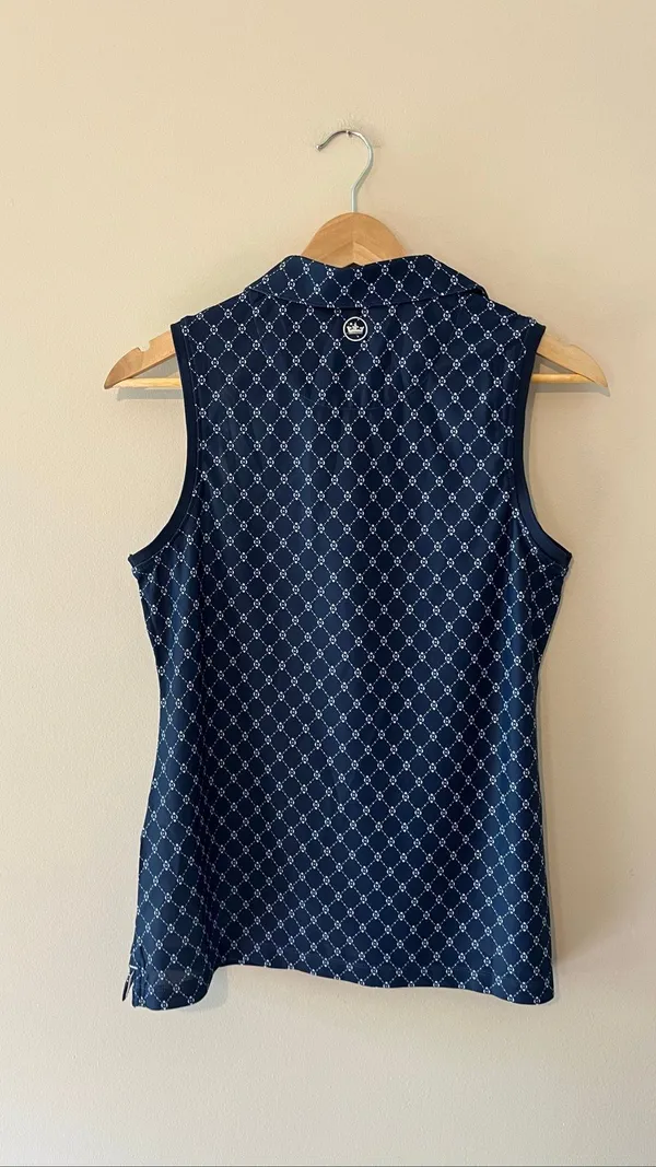 NWT Peter Millar Women’s Small Navy Blue Geometric Sleeveless Golf Polo NCR Logo - Image 3