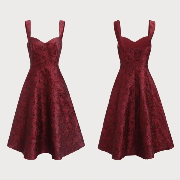 RIHOAS The Red Sweetheart Neck Jacquard Midi Dress M - Image 6