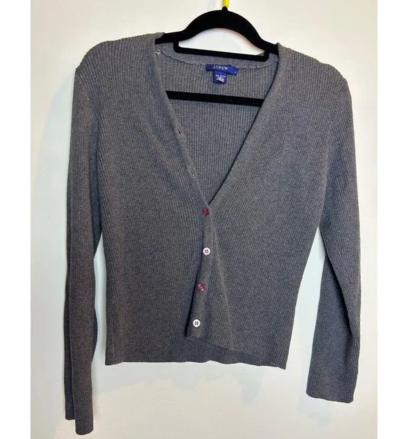 J. Crew Ribbed Stretch Asymmetrical Grey Sweater Large Cardigan - Image 3