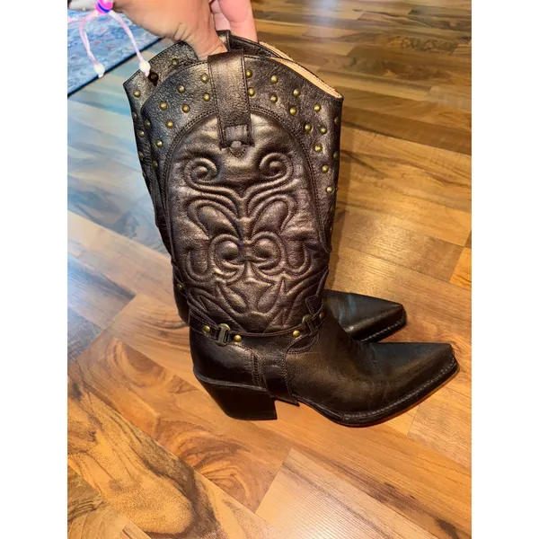 Womens bronze Leather Western Cowboy Boots‎ Studded Harness Detail Pointed Toe 6 - Image 5