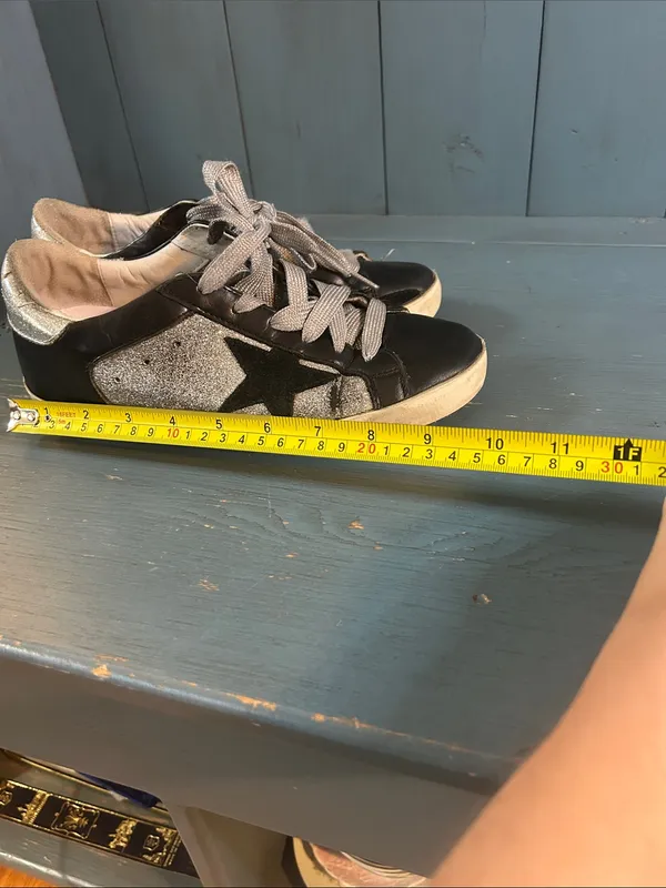 Golden Goose Black Leather Sneakers with Silver Glitter Panels | Size 37 US 7 - Image 7
