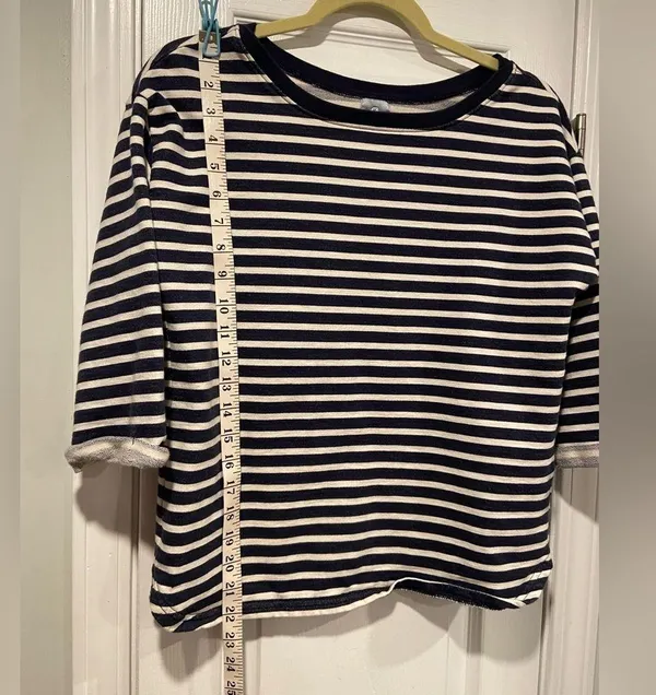 Gap Fit Size M Blue Cream Stripe Crew Neck 3/4 Sleeve Cotton Terry Sweatshirt - Image 7
