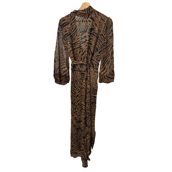 Ganni Wrap Dress Brown Tiger Print Long Sleeve High Low Maxi 38 - Image 4