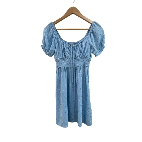 Hollister Blue Swiss Dot Puff Sleeve‎ Ruched Coquette Mini Dress Small - Image 2