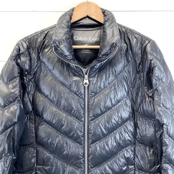 Calvin Klein Womens M Packable Down Quilted‎ Puffer Jacket Full Zip Black Travel - Image 3