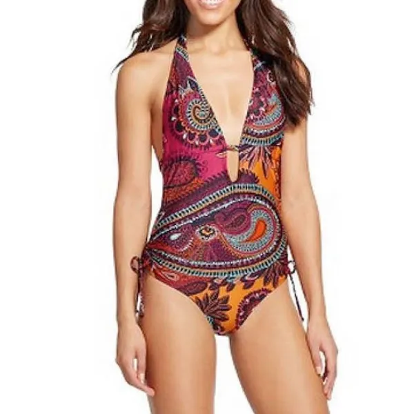 Cleanwater Paisley Plunge One Piece Swimsuit Size XL Boho Monokini Open Back - Image 5