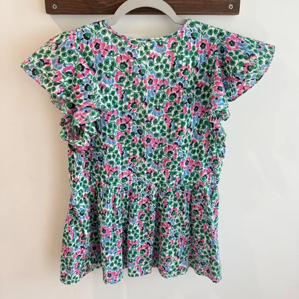 Banjanan Kira Floral Cotton Peplum Top V-Neck Ruffle Sleeve Pink Blue Green‎ M - Image 5