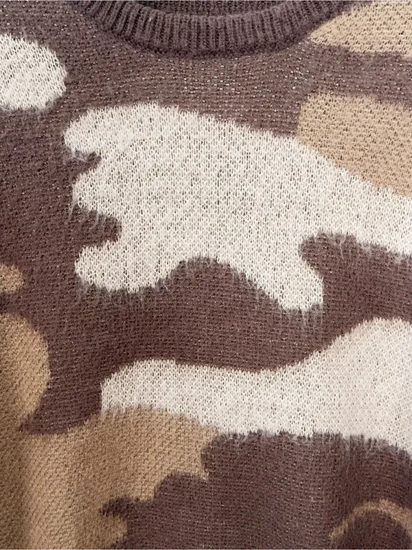 Amazon Brown Neutral Camo Print Crewneck Pullover Knit Sweater - Image 3