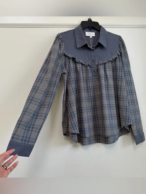 in february Moonlight Blue Plaid Mixed Media Ruffle Yoke Cotton Top Size M NWT - Image 4