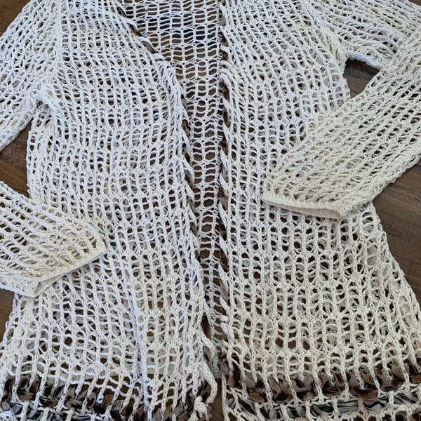 Katie Todd Weave Crochet Cardigan Boho Sz M Medium Cover Up White Ribbon Trim - Image 4