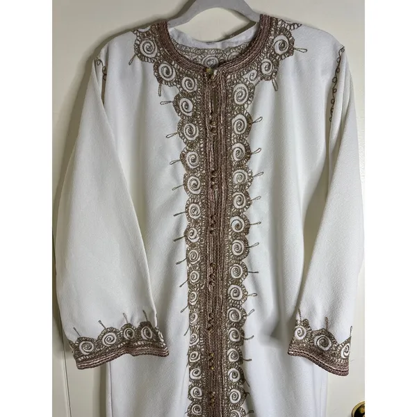 Traditional Moroccan Caftan White and Gold Hand Embroidered Maxi Dress - Image 2