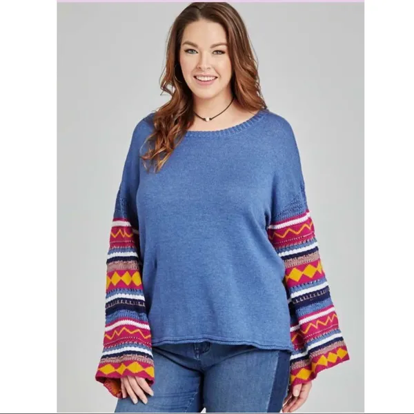 Killian BoHo Bohemian Patterned Sleeve Dusty Blue Bell Sleeve Sweater NWT - Image 6