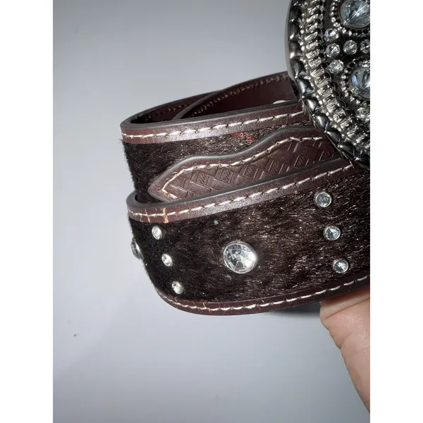 Women's Size M 38" Western Rhinestone Belt Brown Faux Horse Hair Silver Buckle‎ - Image 4