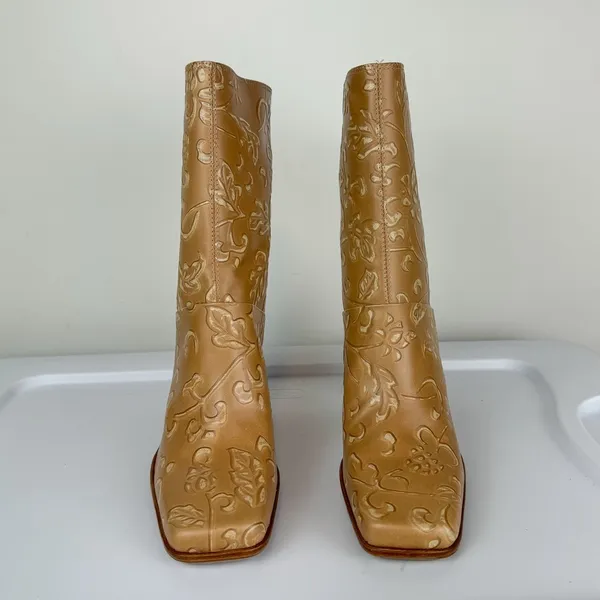 NEW Y2K Amanda Smith Leather Square Toe Heeled Boots Sz 6.5 Tan Floral - Image 4