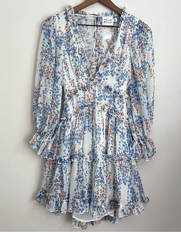 Hello Molly blue Floral Tiered Cutout Dress long sleeve flowy babydoll XS - Image 3